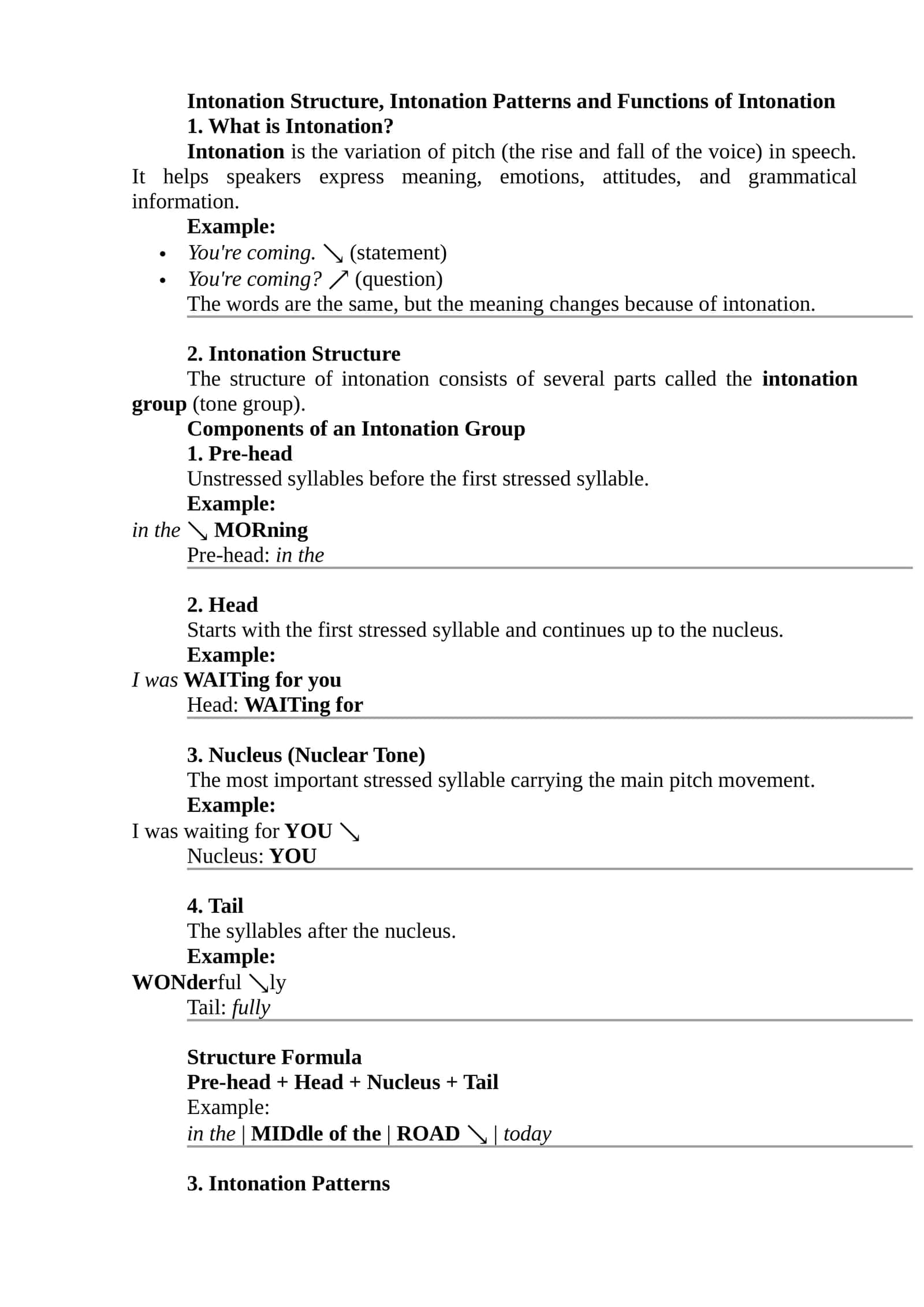 Intonation Structure, Intonation Patterns and Functions of Intonation