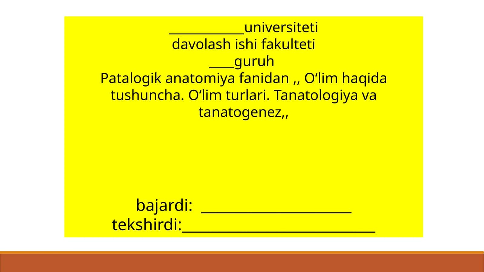 O'lim haqida tushuncha. O‘lim turlari. Tanatologiya va tanatogenez