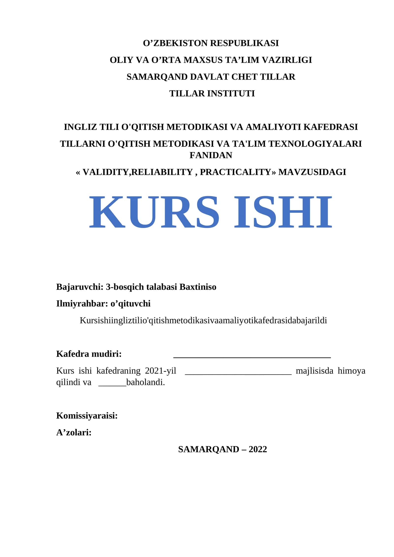 Kurs ishi "VALIDITY,RELIABILITY, PRACTICALITY"