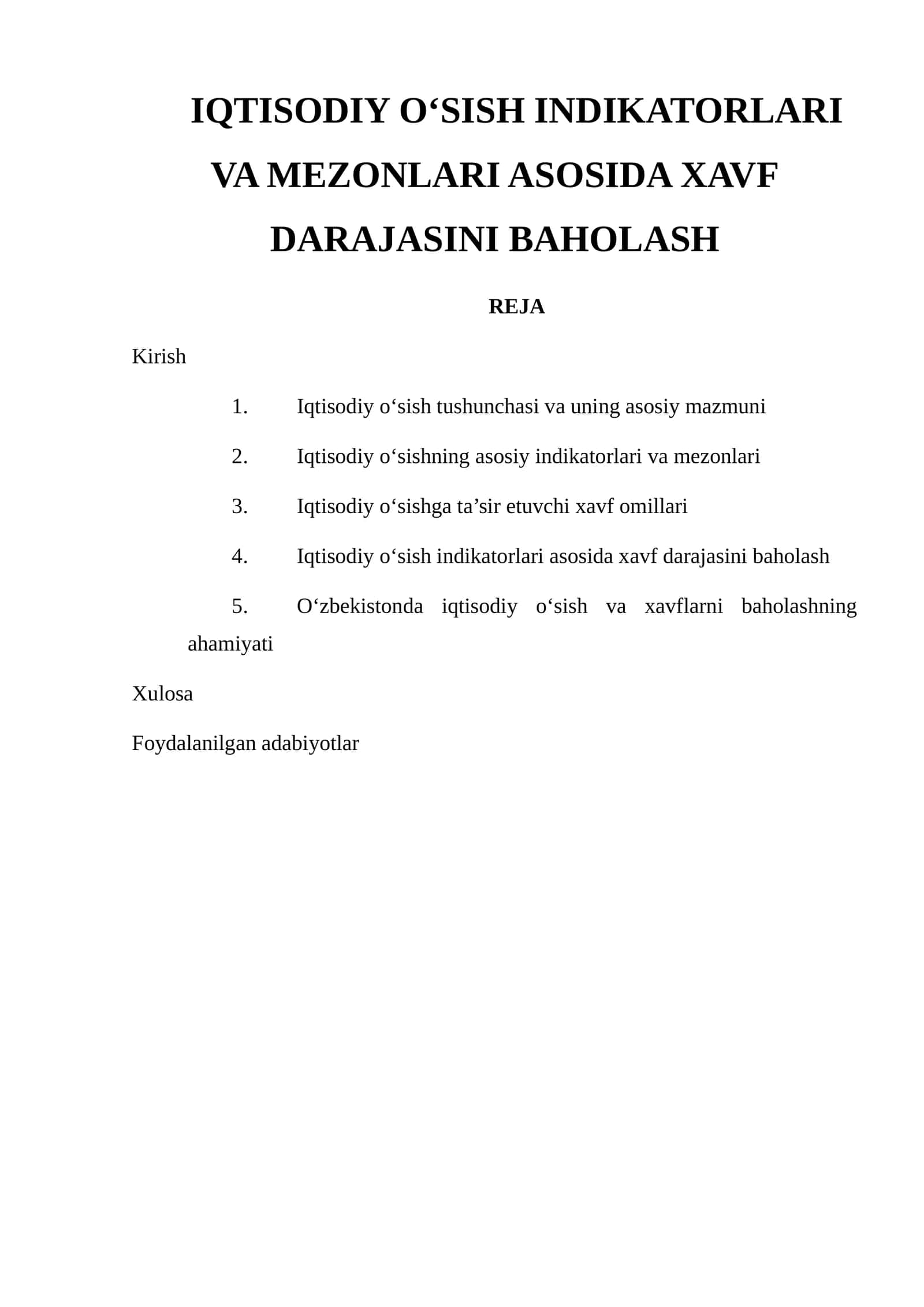 IQTISODIY O‘SISH INDIKATORLARI VA MEZONLARI ASOSIDA XAVF DARAJASINI BAHOLASH