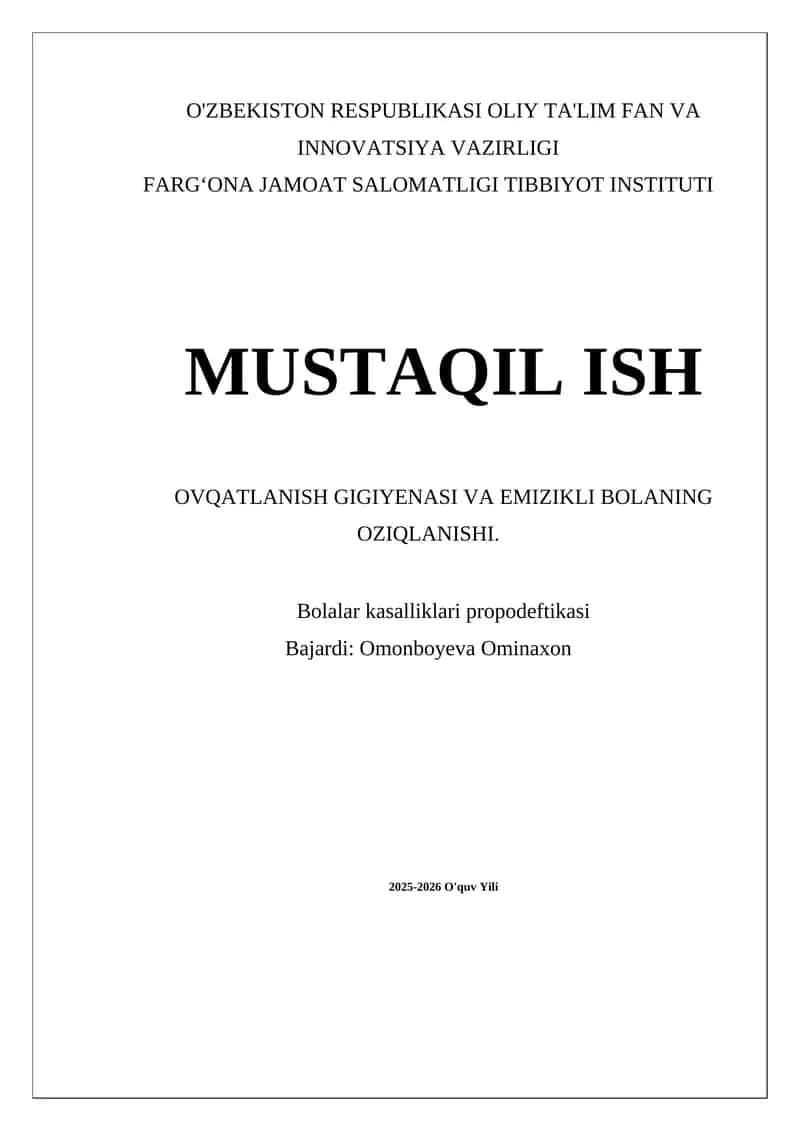 Ovqatlanish Gigiyenasi va Emizikli Bolaning Oziqlanishi