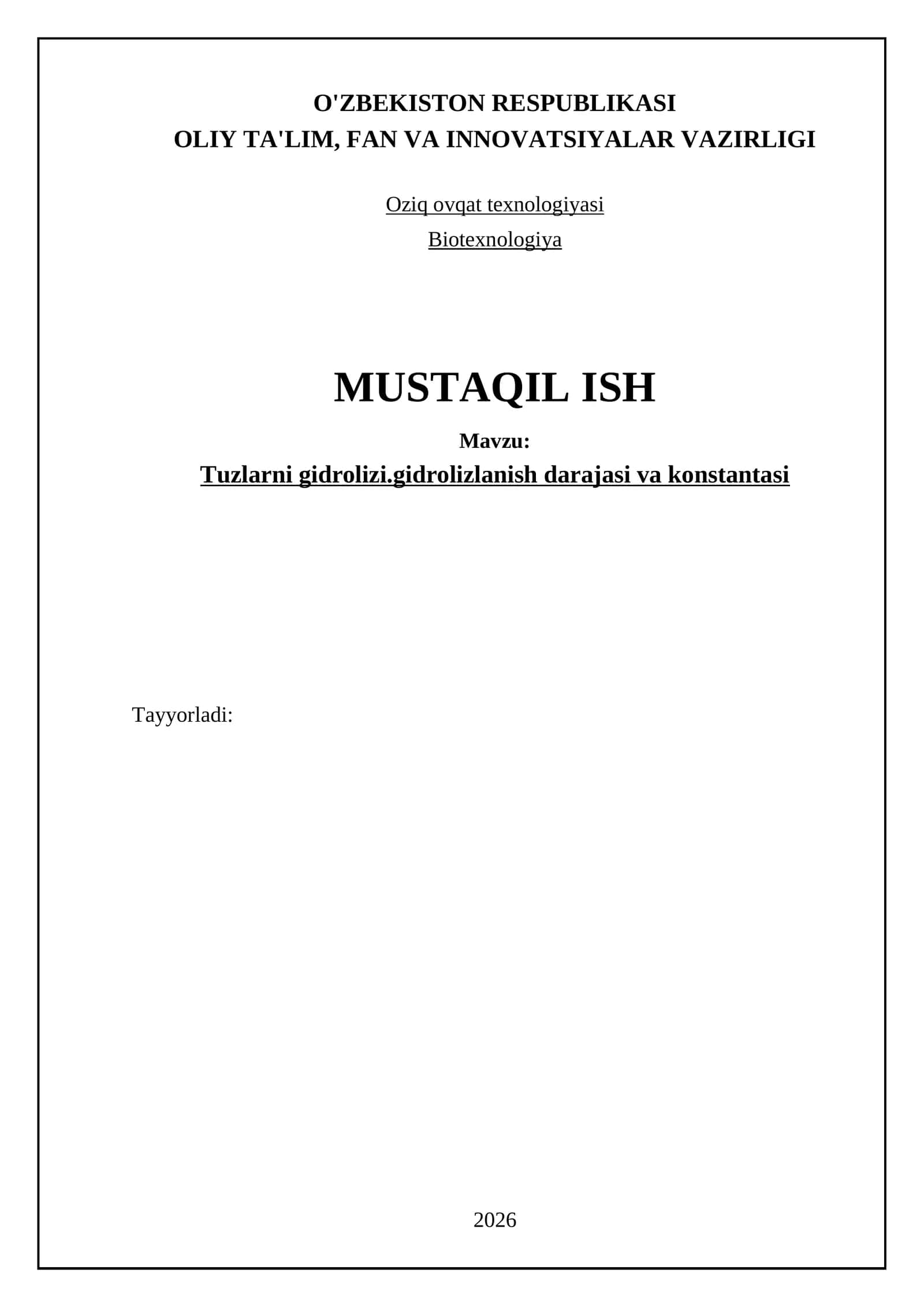 Tuzlarni gidrolizi.gidrolizlanish darajasi va konstantasi