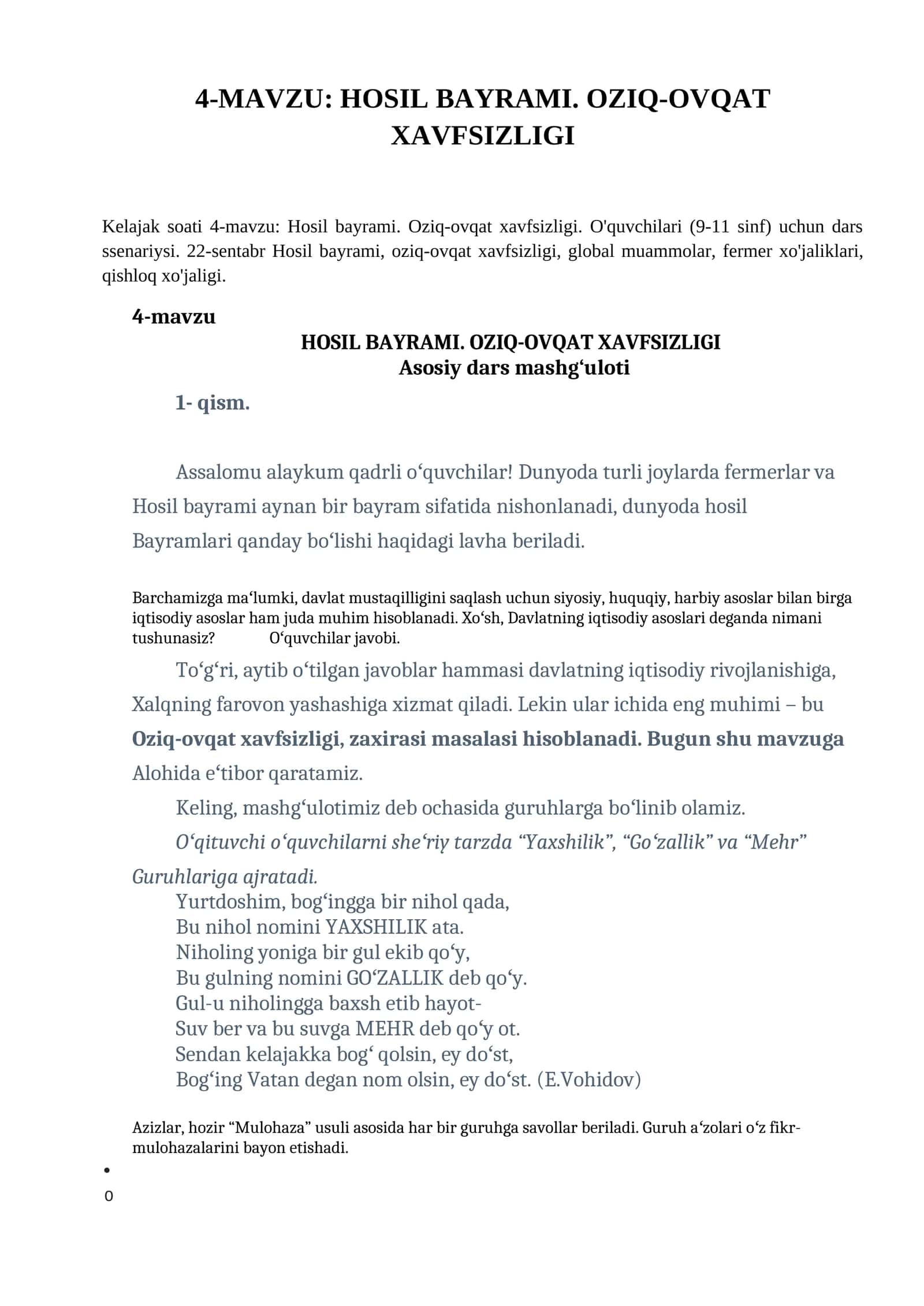 HOSIL BAYRAMI. OZIQ-OVQAT XAVFSIZLIGI