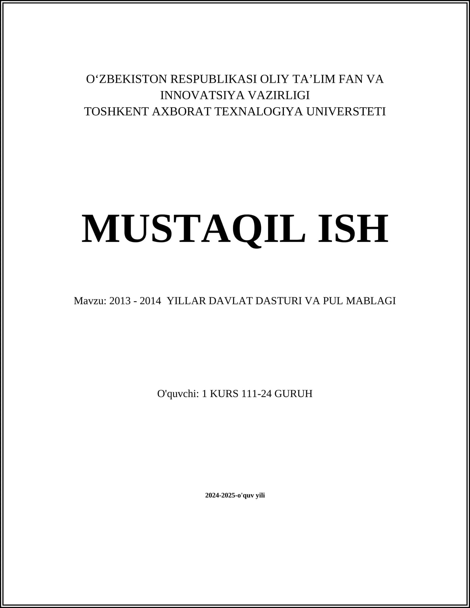 2013 - 2014 YILLAR DAVLAT DASTURI VA PUL MABLAGI