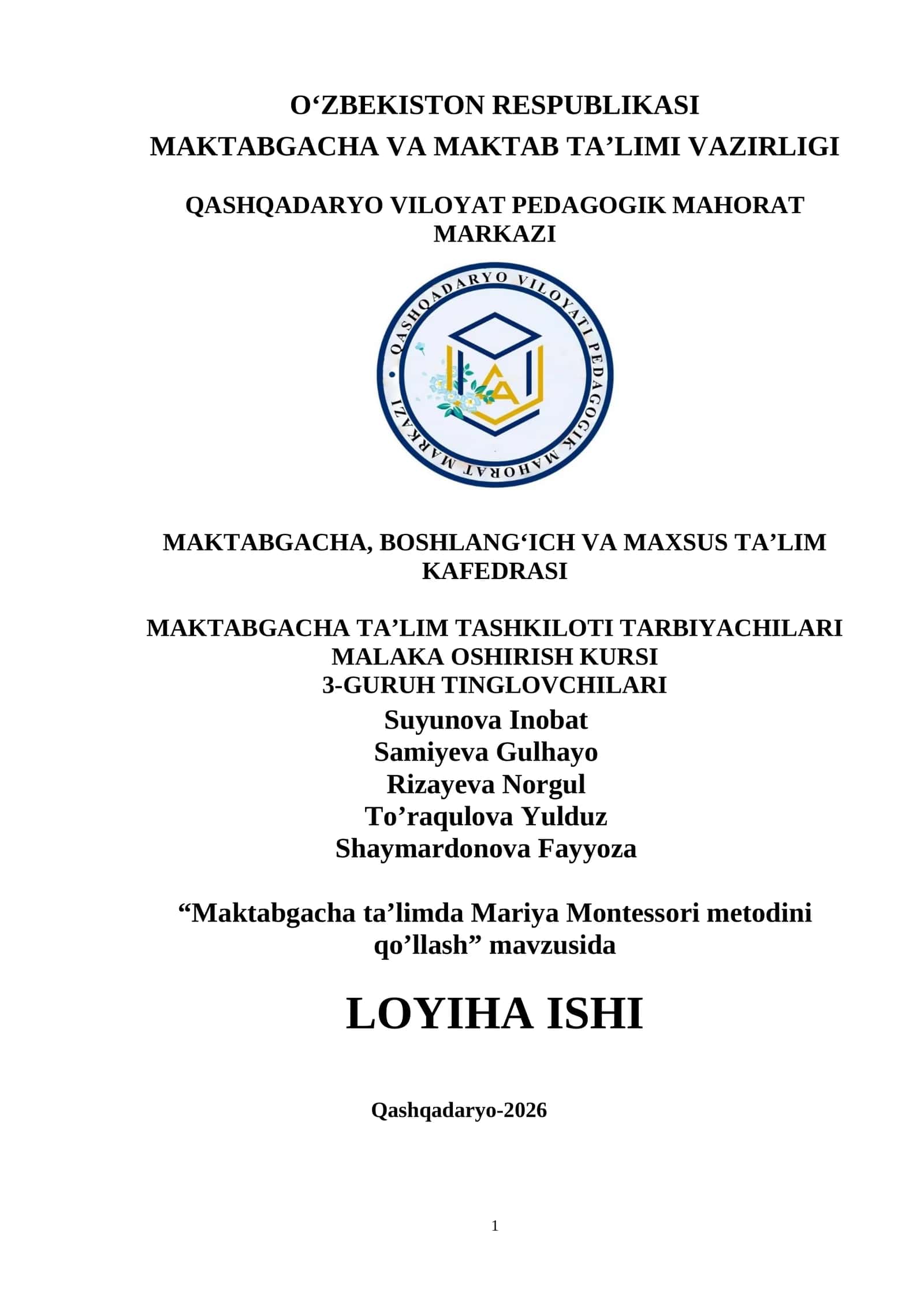 Maktabgacha ta’limda Mariya Montessori metodini qo’llash