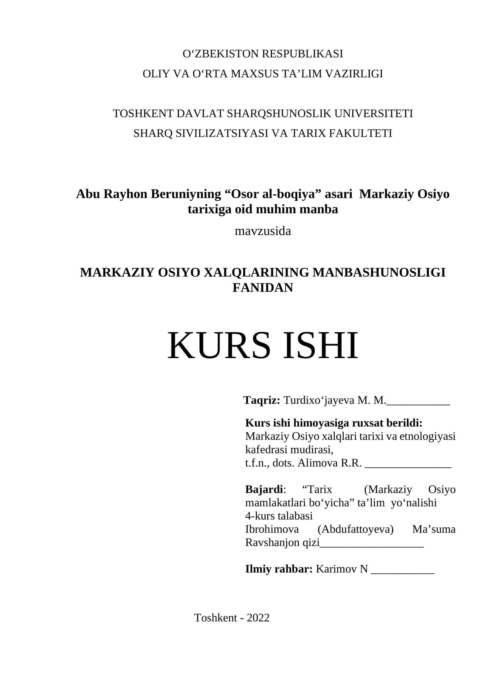Abu Rayhon Beruniyning “Osor al-boqiya” asari Markaziy Osiyo tariхiga oid muhim manba