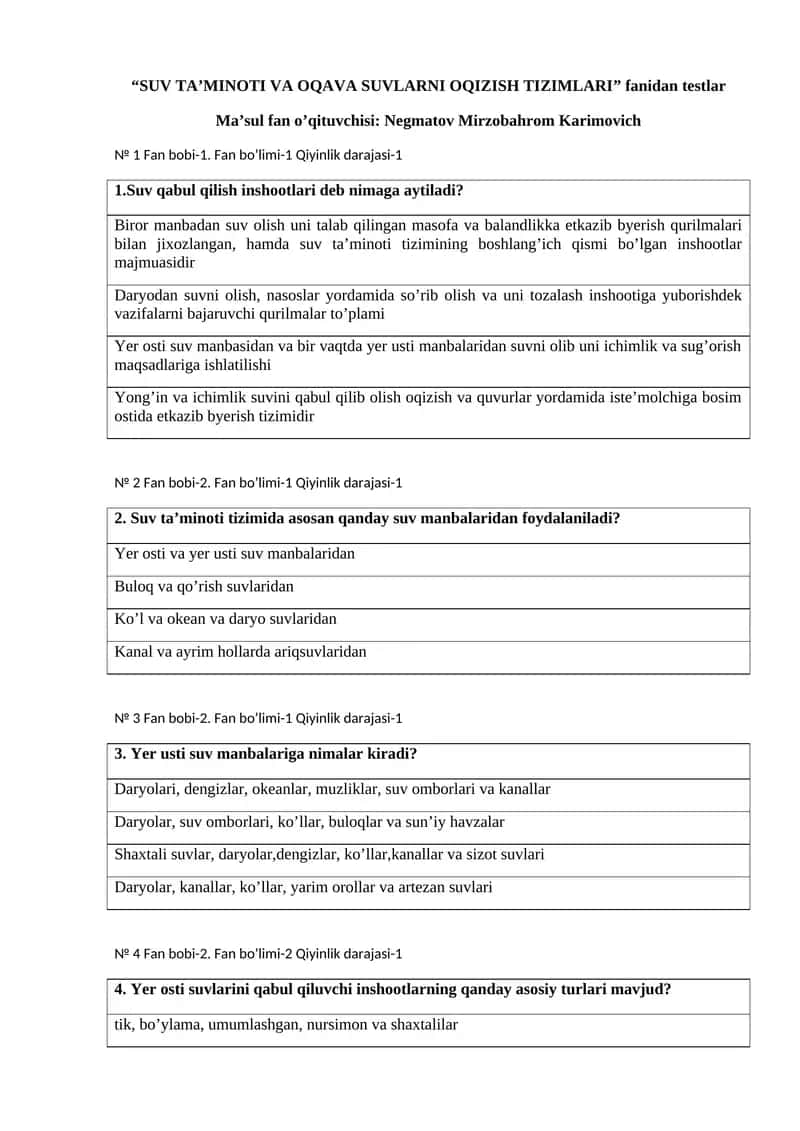 SUV TA’MINOTI VA OQAVA SUVLARNI OQIZISH TIZIMLARI