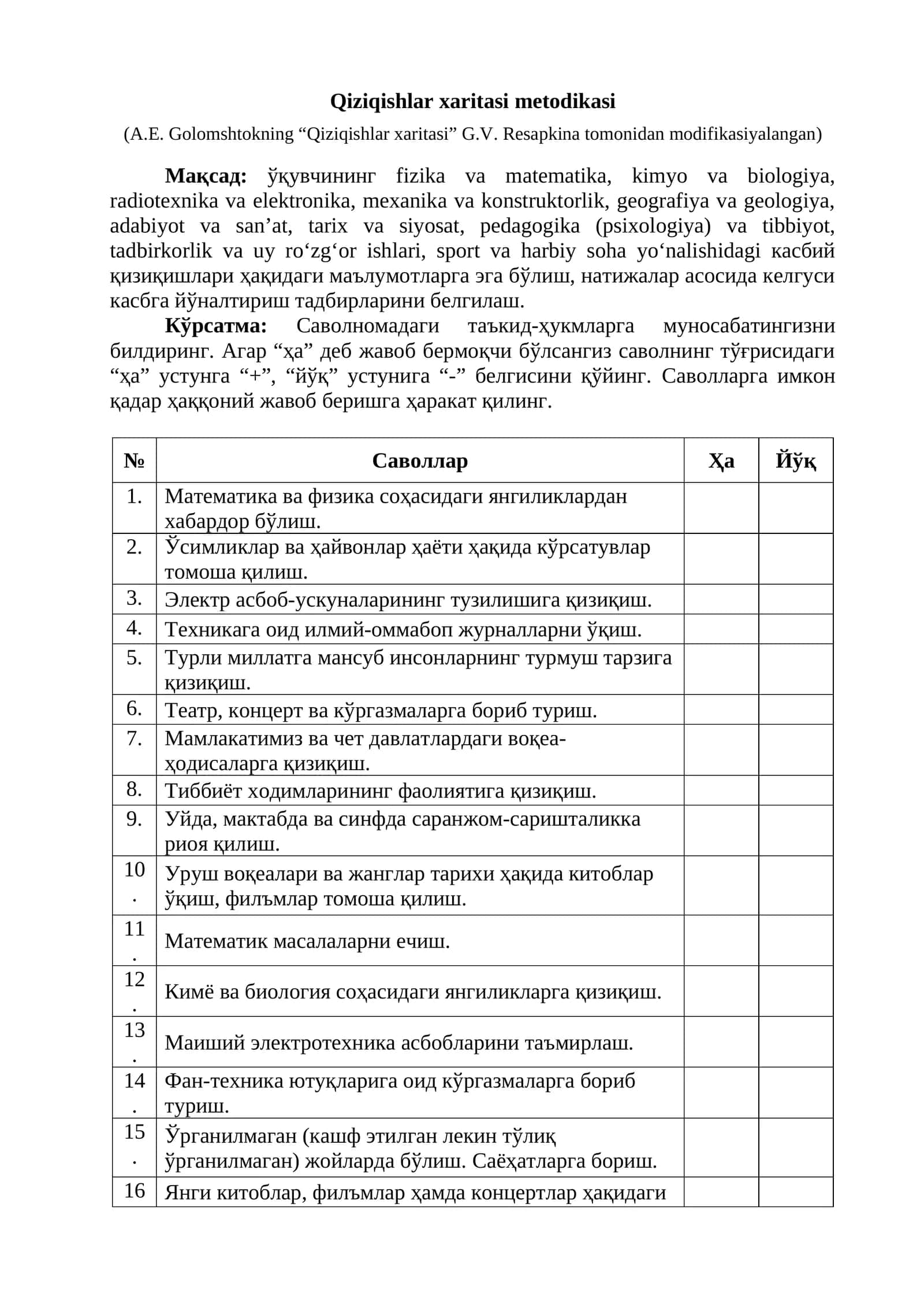 Qiziqishlar xaritasi metodikasi