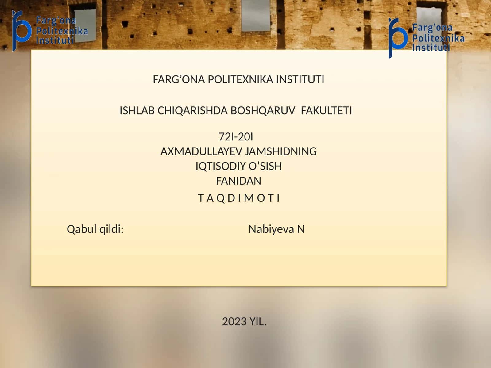 ISHLAB CHIQARISHDA BOSHQARUV FAKULTETI