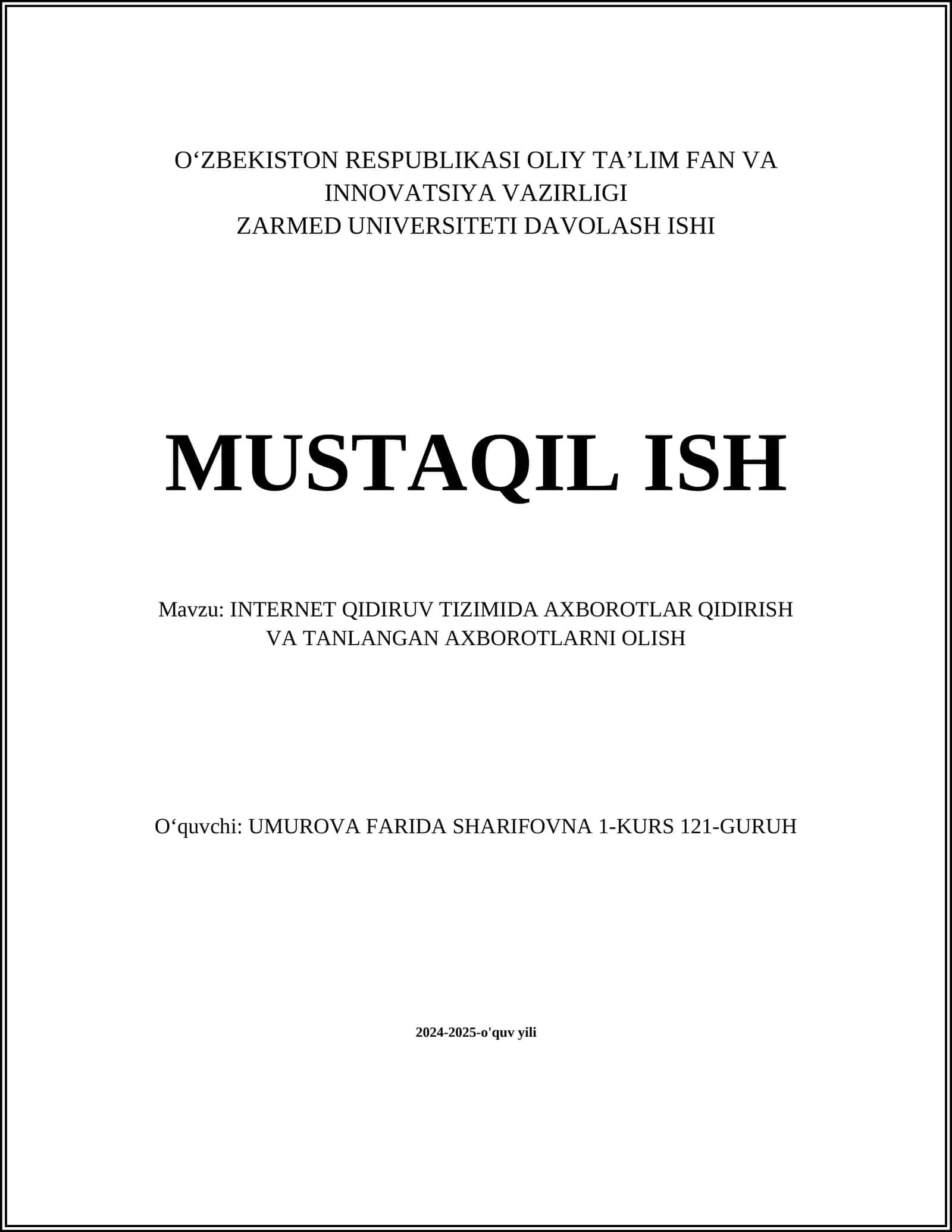 INTERNET QIDIRUV TIZIMIDA AXBOROTLAR QIDIRISH VA TANLANGAN AXBOROTLARNI OLISH