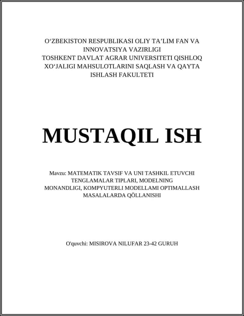 Matematik Tavsifning Asosiy Tamoyillari va Model Qurilish Bosqichlari