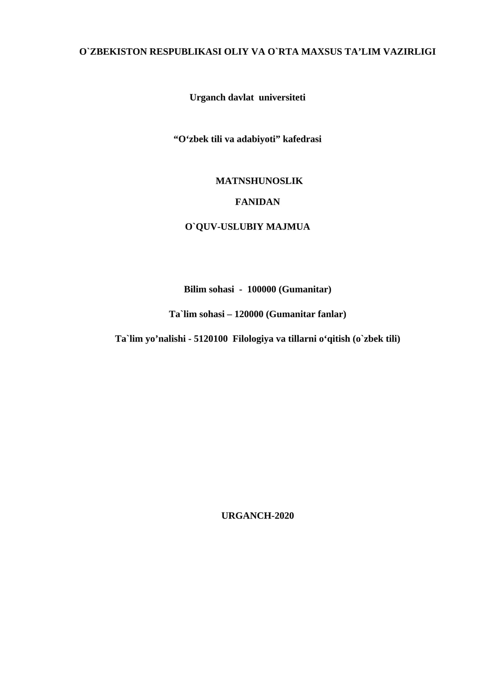 MATNSHUNOSLIK FANIDAN O‘QUV-USLUBIY MAJMUA