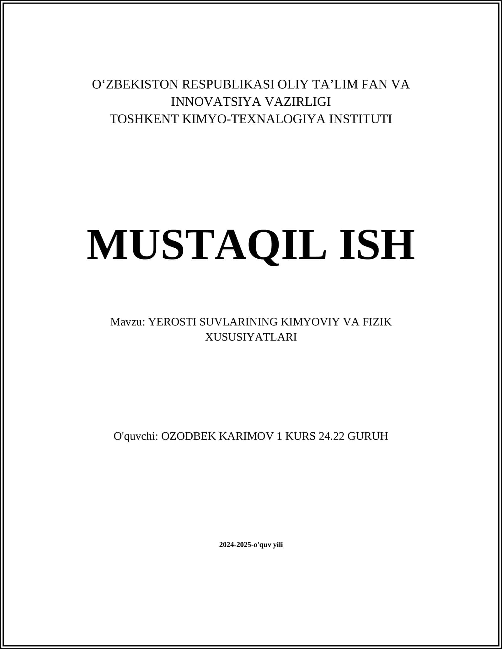YEROSTI SUVLARINING KIMYOVIY VA FIZIK XUSUSIYATLARI