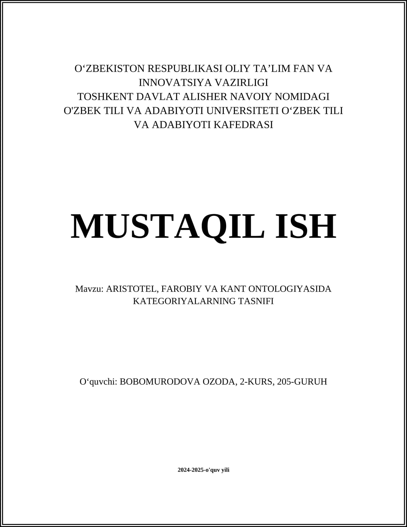 ARISTOTEL, FAROBIY VA KANT ONTOLOGIYASIDA KATEGORIYALARNING TASNIFI