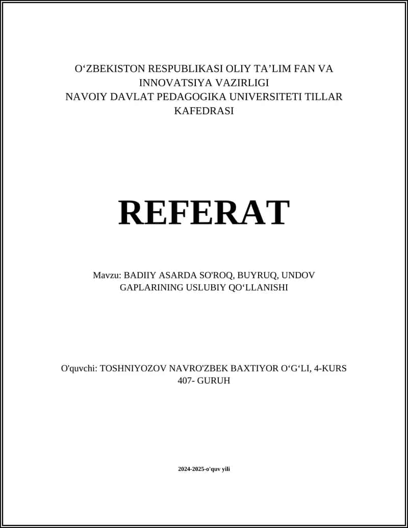 BADIIY ASARDA SO'ROQ, BUYRUQ, UNDOV GAPLARINING USLUBIY QOʻLLANISHI