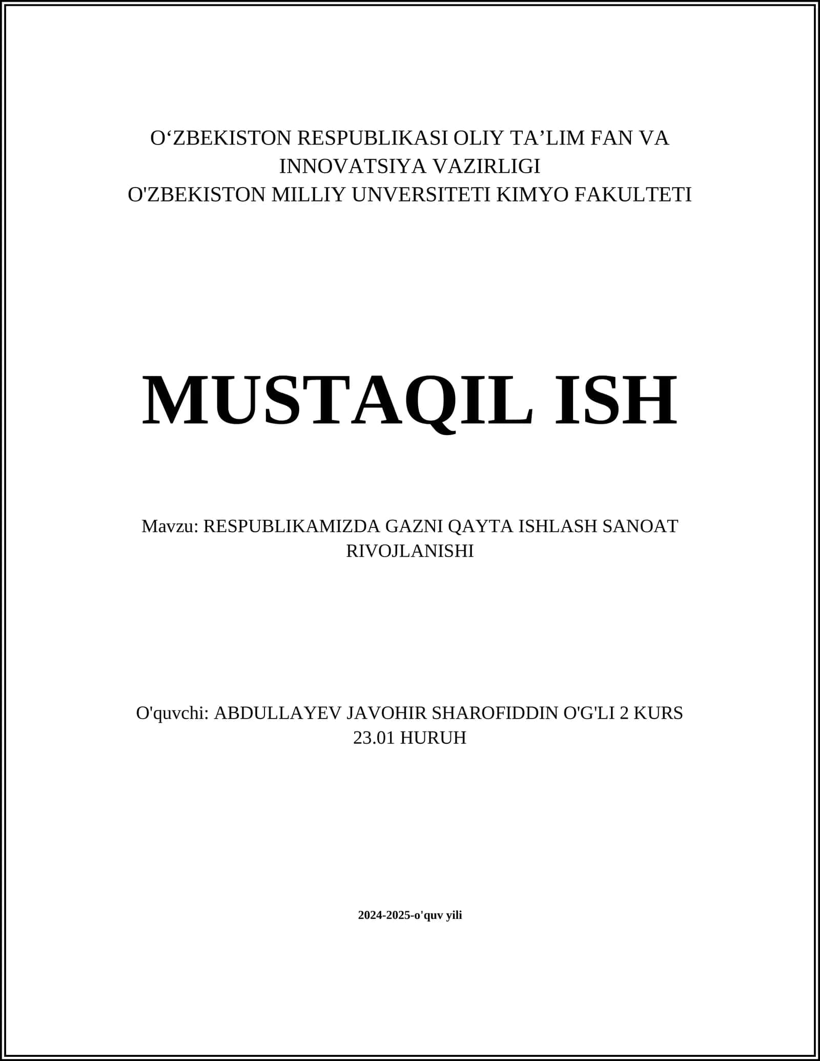 RESPUBLIKAMIZDA GAZNI QAYTA ISHLASH SANOAT RIVOJLANISHI