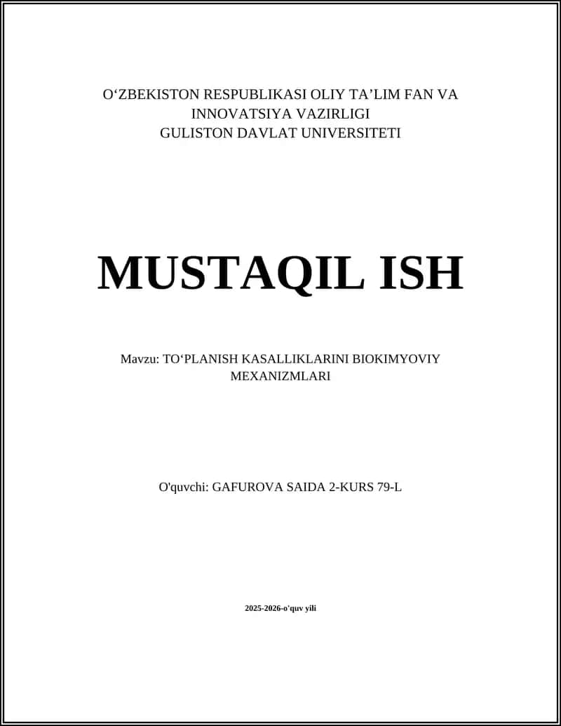 TOʻPLANISH KASALLIKLARINI BIOKIMYOVIY MEXANIZMLARI