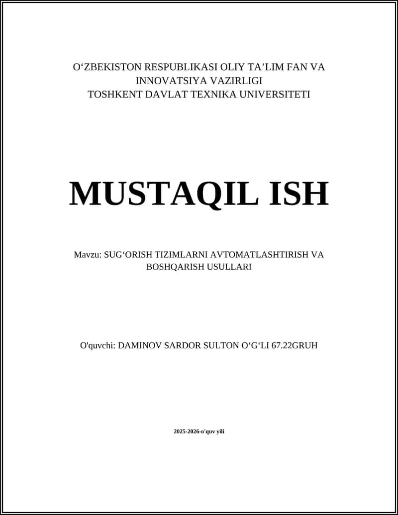 Sugʻorish Tizimlarini Avtomatik Boshqarish Asoslari