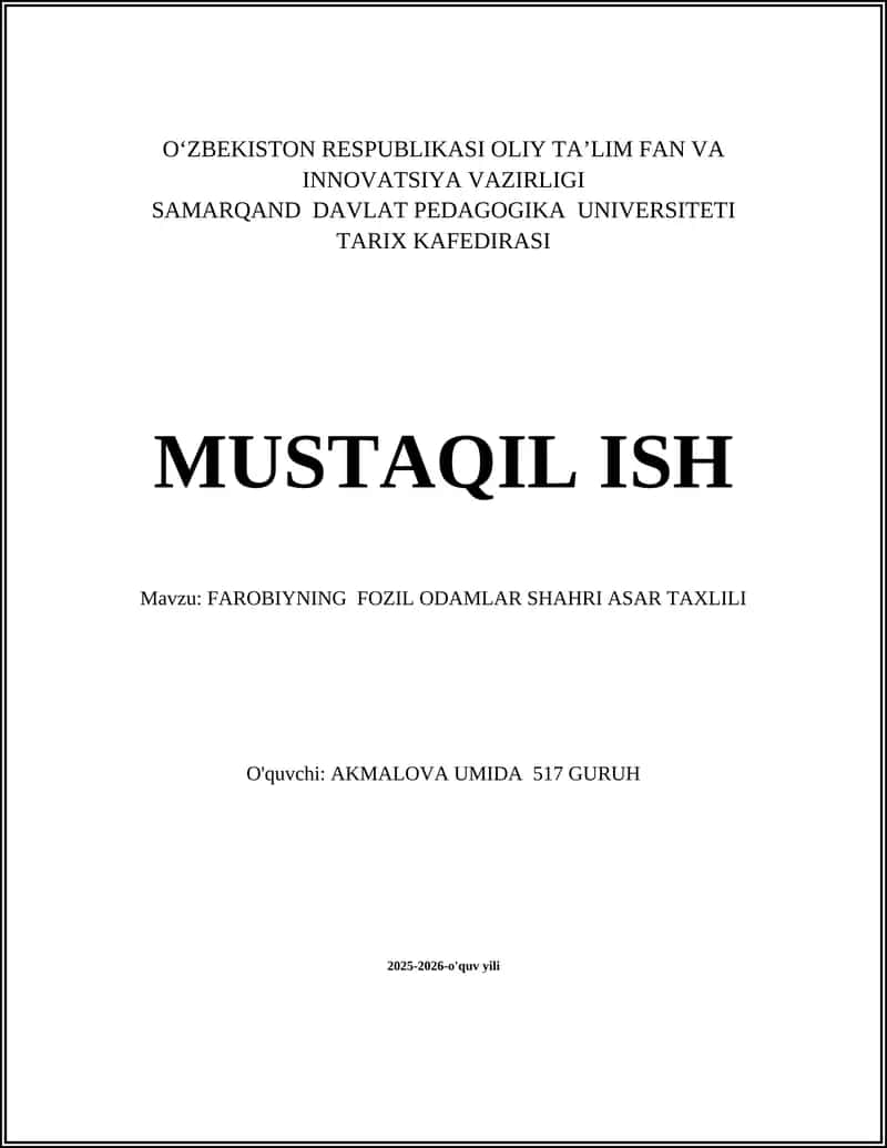 FAROBIYNING FOZIL ODAMLAR SHAHRI ASAR TAXLILI
