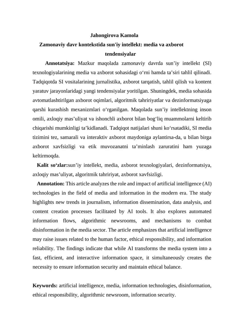 Zamonaviy davr kontekstida sun'iy intellekt: media va axborot tendensiyalar