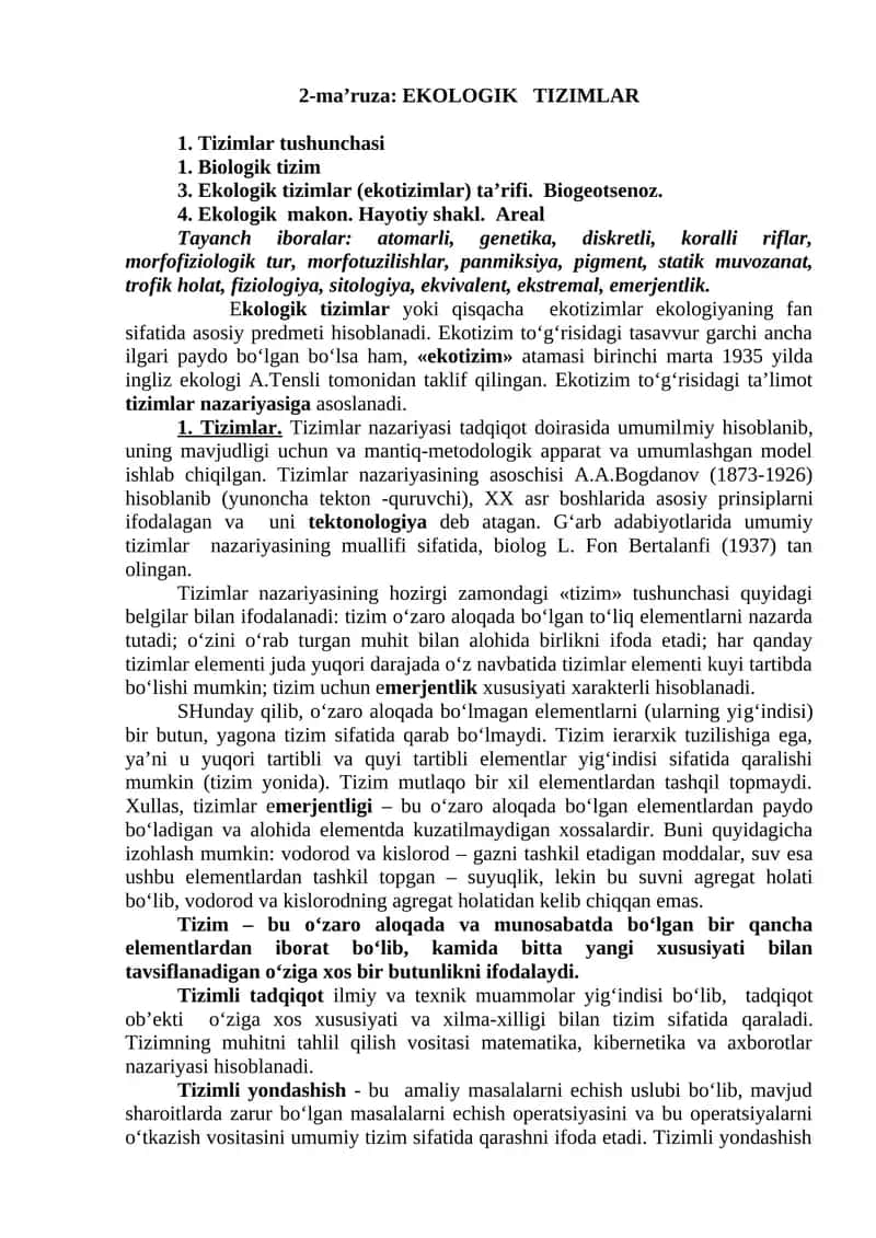 Ekologik Tizimlar