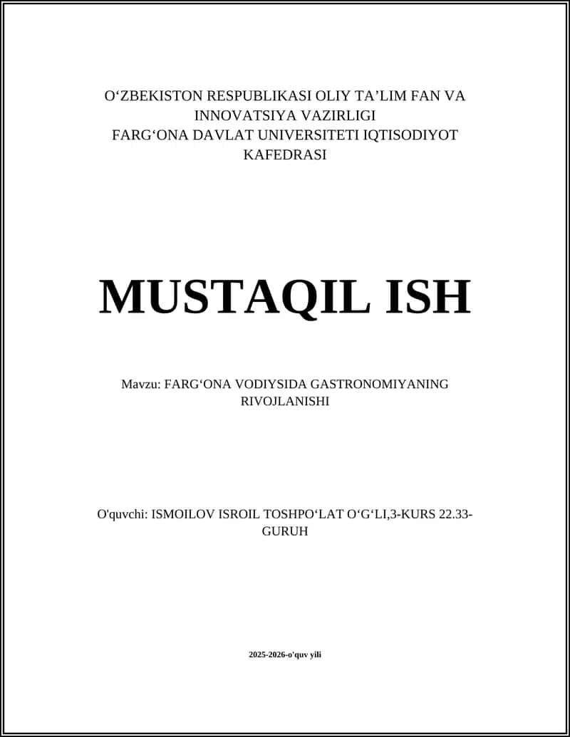 FARGʻONA VODIYSIDA GASTRONOMIYANING RIVOJLANISHI