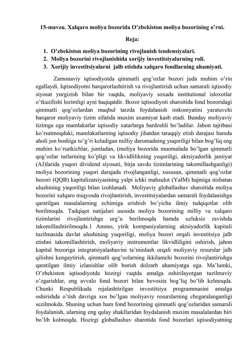 Xalqaro moliya bozorida O’zbekiston moliya bozorining o’rni
