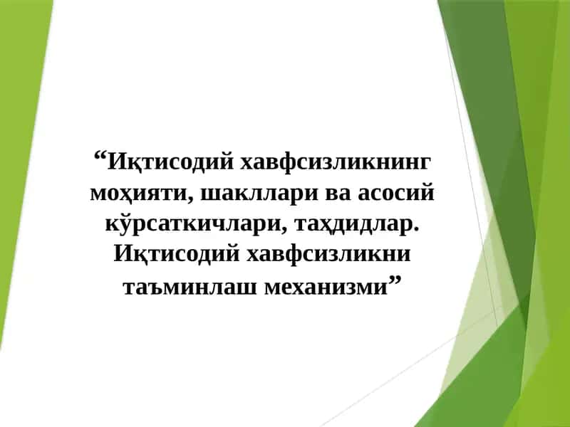 “Иқтисодий хавфсизликнинг моҳияти, шакллари ва асосий кўрсаткичлари, таҳдидлар. Иқтисодий хавфсизликни таъминлаш механизми”