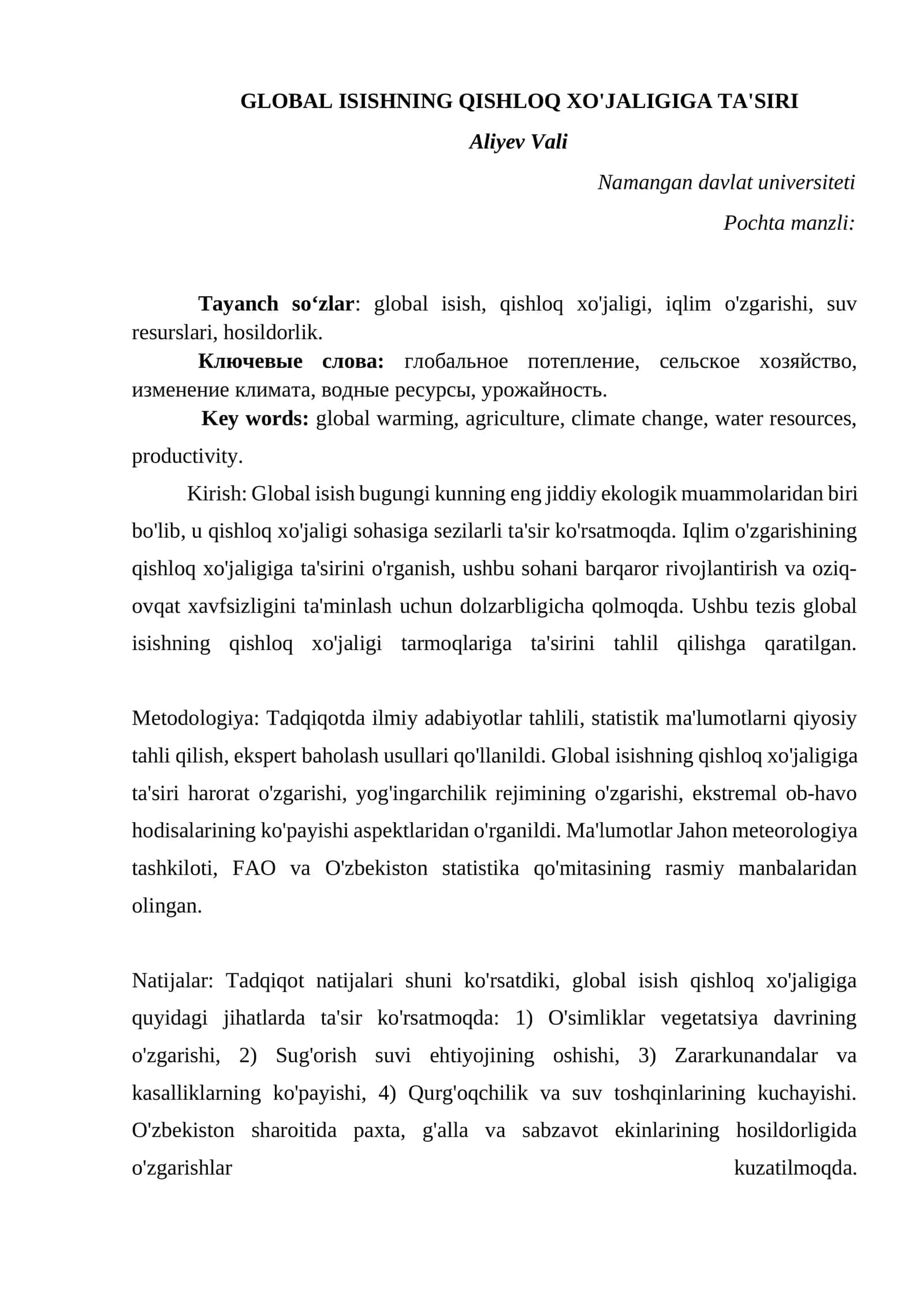 GLOBAL ISISHNING QISHLOQ XO'JALIGIGA TA'SIRI