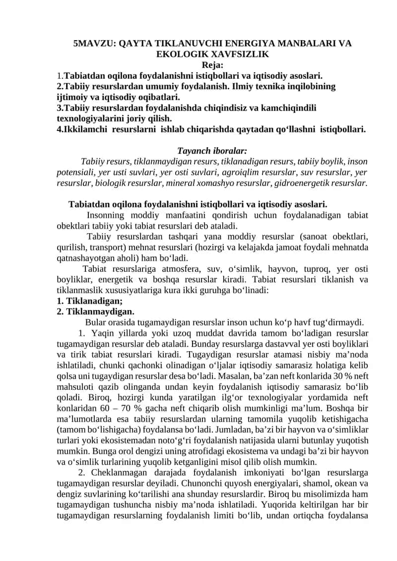 QAYTA TIKLANUVCHI ENERGIYA MANBALARI VA EKOLOGIK XAVFSIZLIK