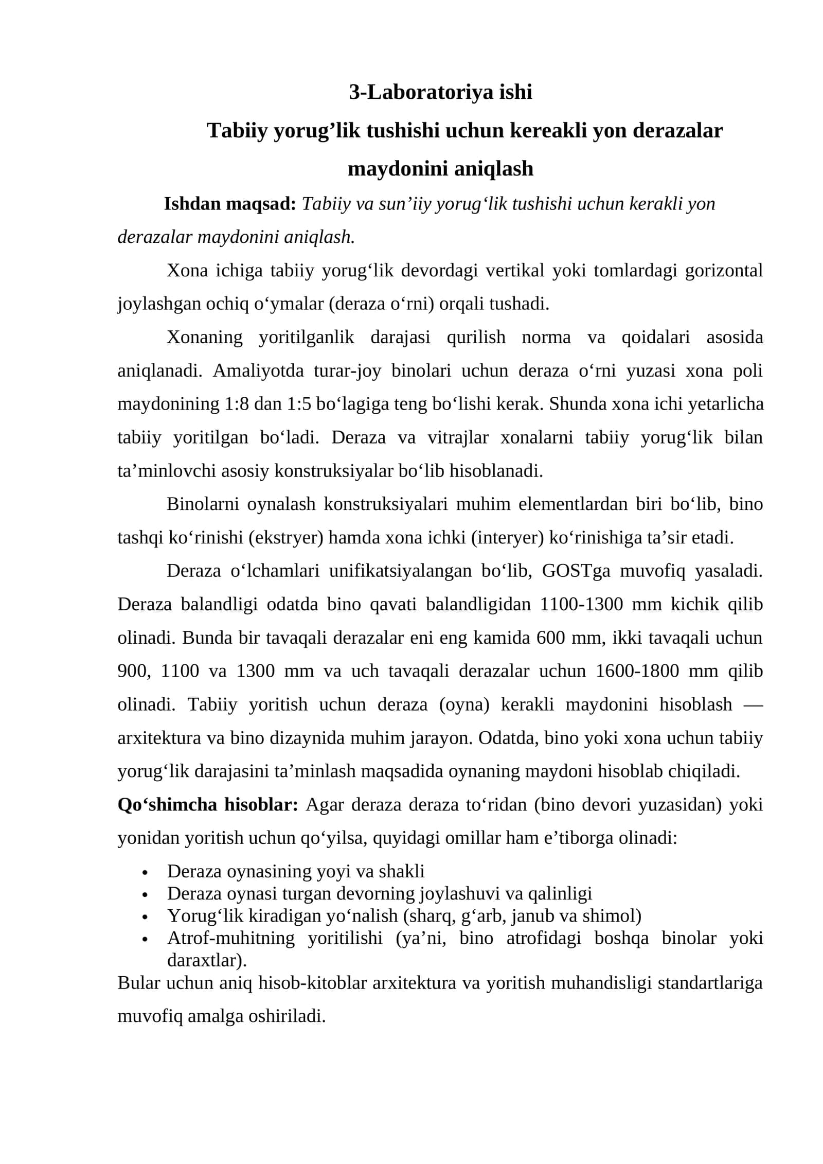 Tabiiy yorug’lik tushishi uchun kereakli yon derazalar maydonini aniqlash