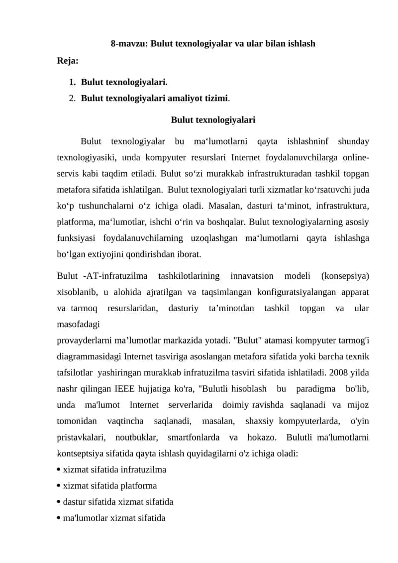 Bulut texnologiyalar va ular bilan ishlash