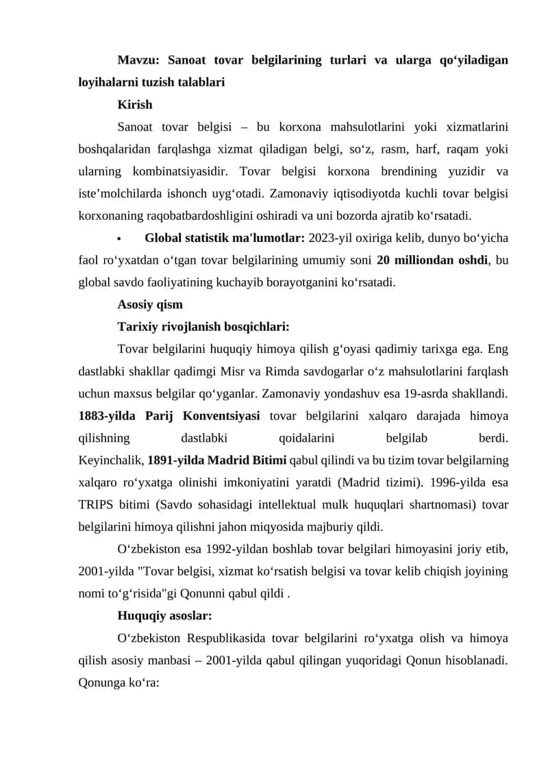 Sanoat tovar belgilarining turlari va ularga qo‘yiladigan loyihalarni tuzish talablari