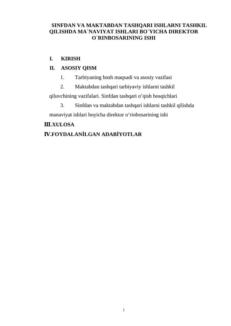 SINFDAN VA MAKTABDAN TASHQARI ISHLARNI TASHKIL QILISHDA MA`NAVIYAT ISHLARI BO`YICHA DIREKTOR O`RINBOSARINING ISHI