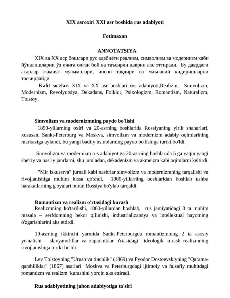 XIX asroxiri XXI asr boshida rus adabiyoti