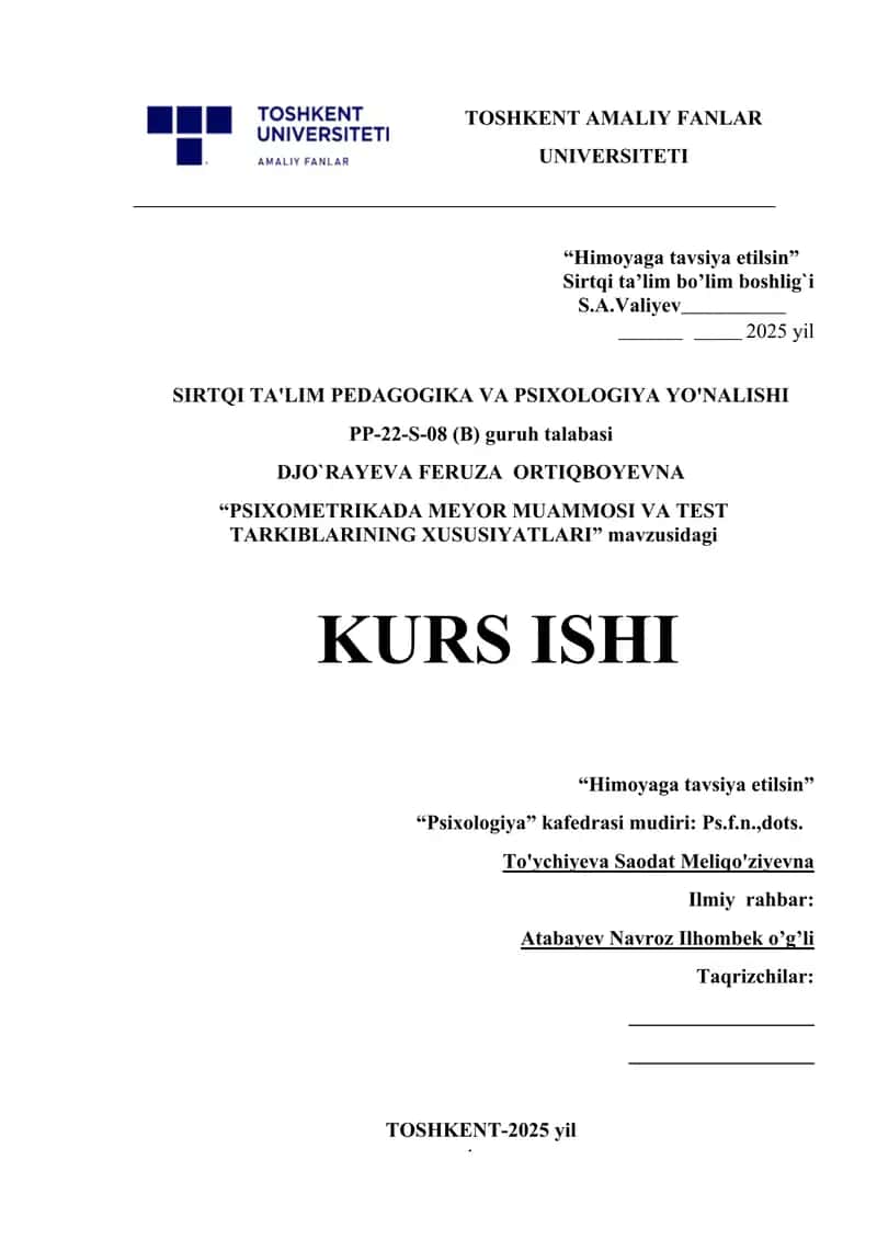 PSIXOMETRIKADA MEYOR MUAMMOSI VA TEST TARKIBLARINING XUSUSIYATLARI