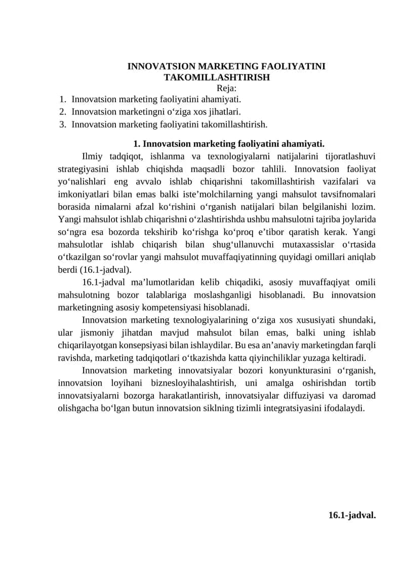 INNOVATSION MARKETING FAOLIYATINI TAKOMILLASHTIRISH