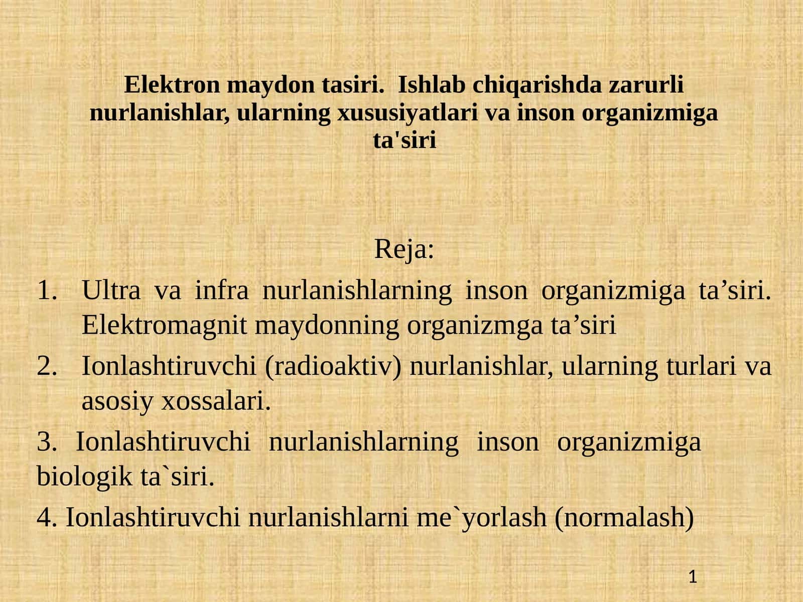 Elektron maydon ta'siri. Ishlab chiqarishda zarurli nurlanishlar, ularning xususiyatlari va inson organizmiga ta'siri