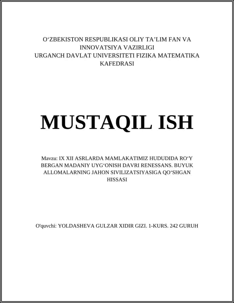 IX XII ASRLARDA MAMLAKATIMIZ HUDUDIDA ROʻY BERGAN MADANIY UYGʻONISH DAVRI RENESSANS