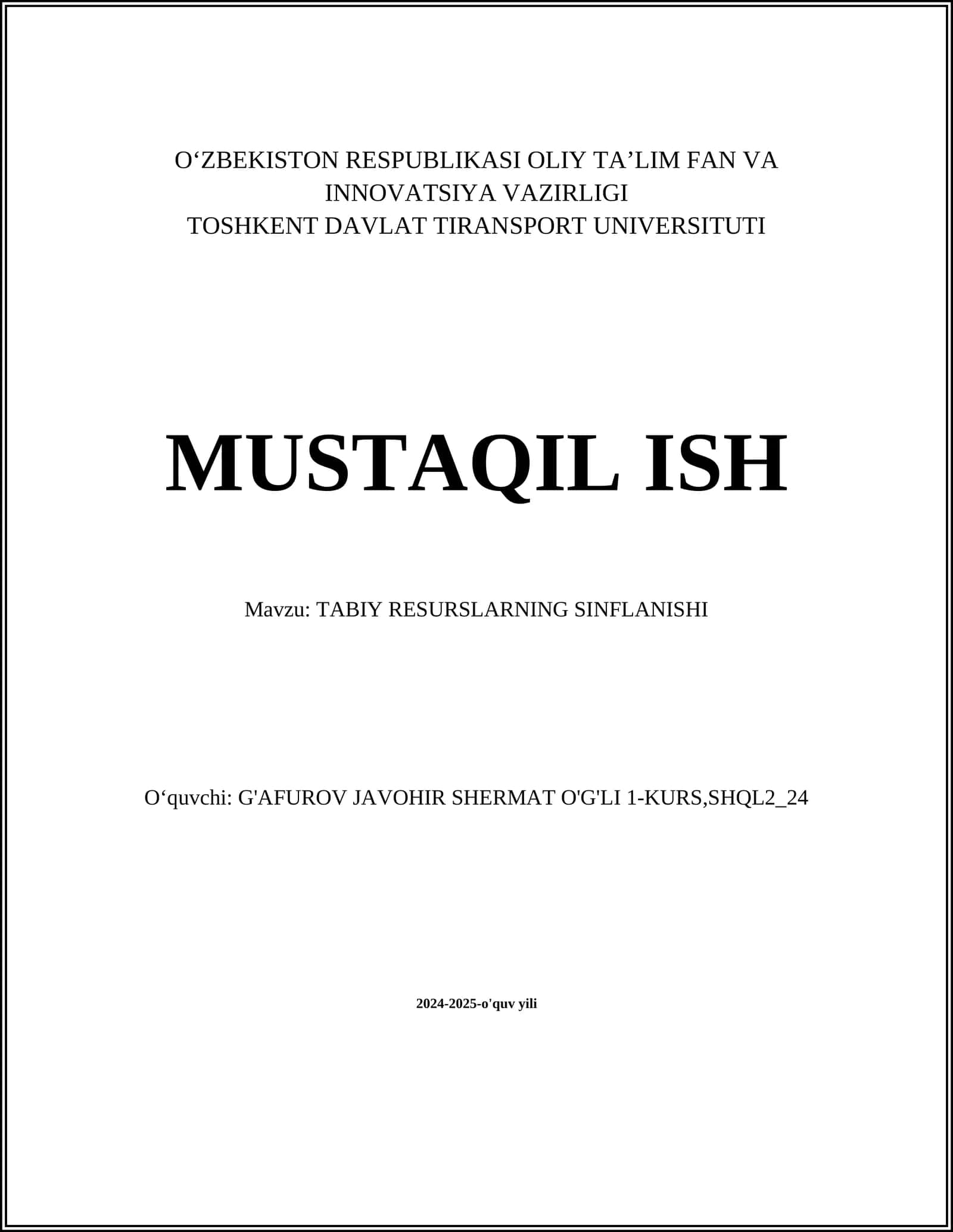 TABIY RESURSLARNING SINFLANISHI