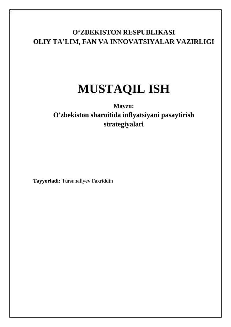 O'zbekiston sharoitida inflyatsiyani pasaytirish strategiyalari