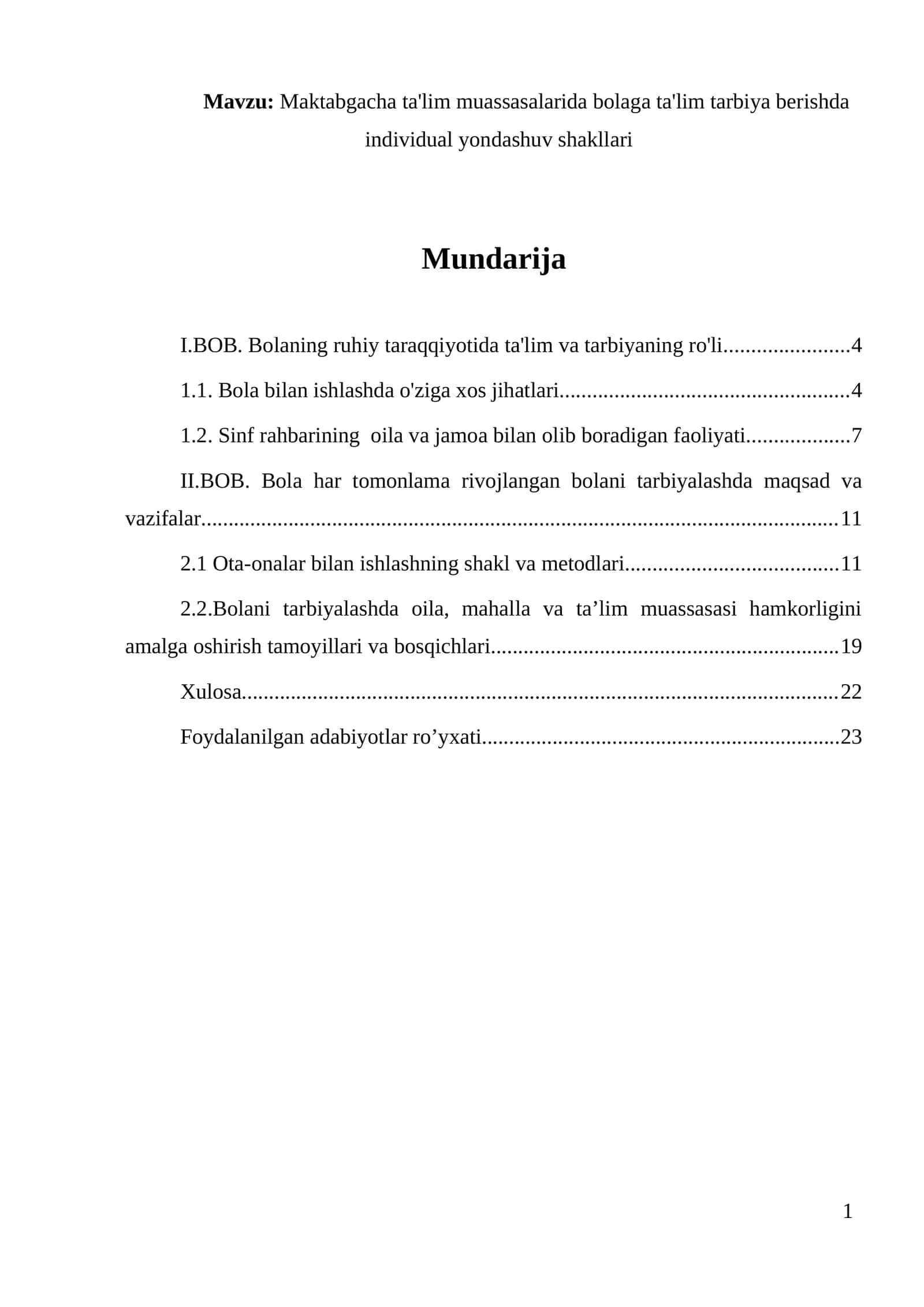 Maktabgacha ta'lim muassasalarida bolaga ta'lim tarbiya berishda individual yondashuv shakllari