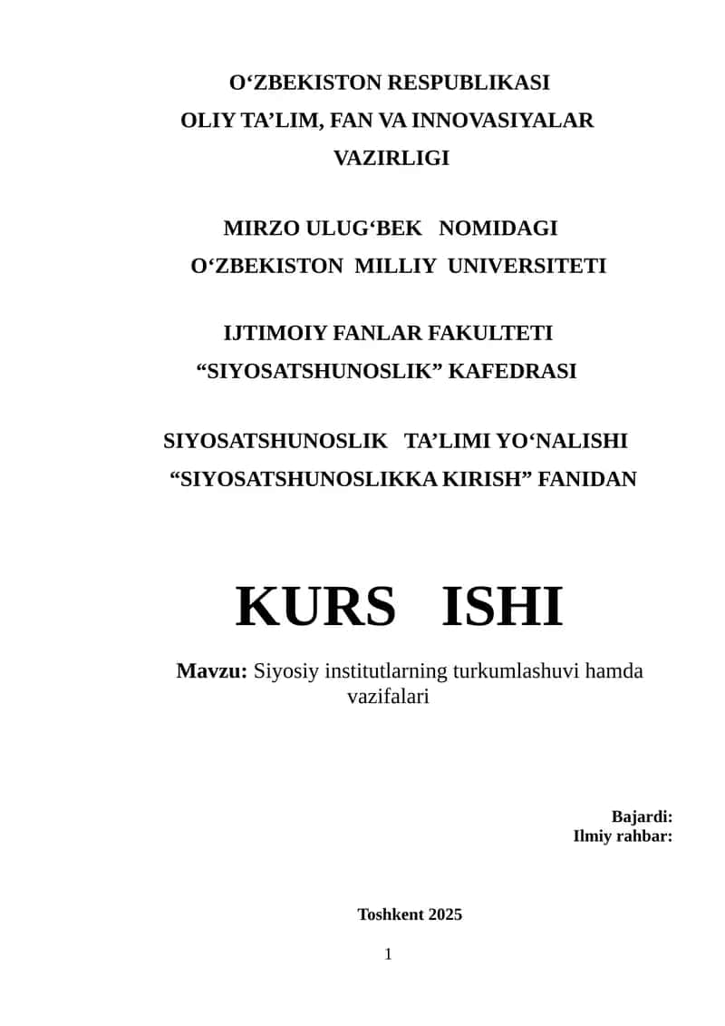 Siyosiy institutlarning turkumlashuvi hamda vazifalari
