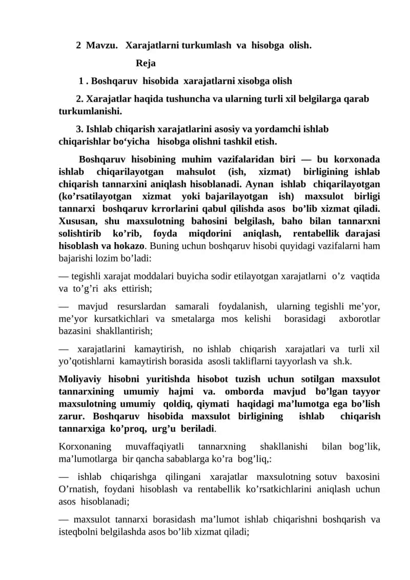 2 Mavzu. Xarajatlarni turkumlash va hisobga olish