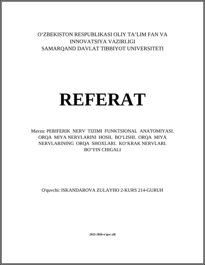 PERIFERIK NERV TIZIMI FUNKTSIONAL ANATOMIYASI