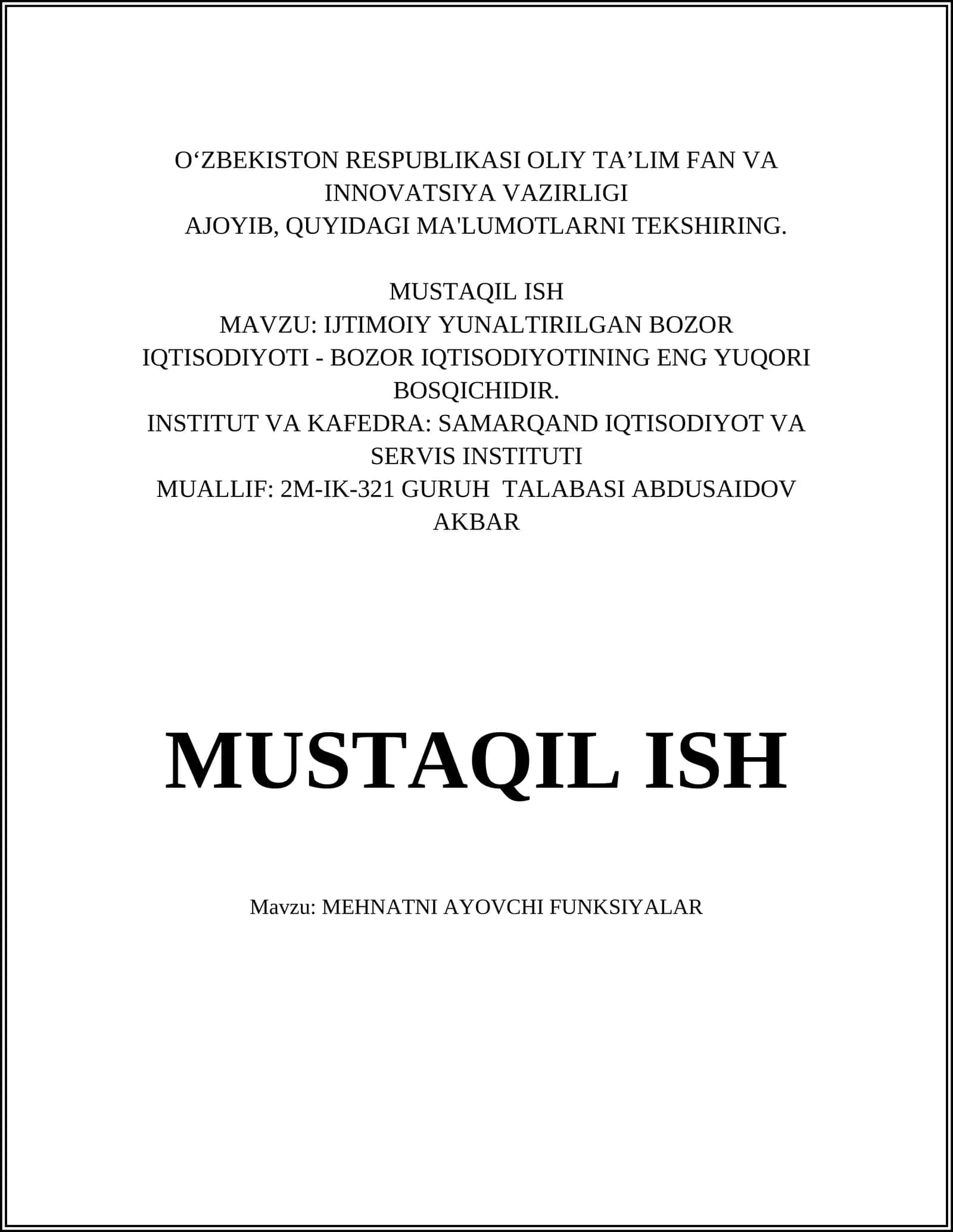 MEHNATNI AYOVCHI FUNKSIYALAR
