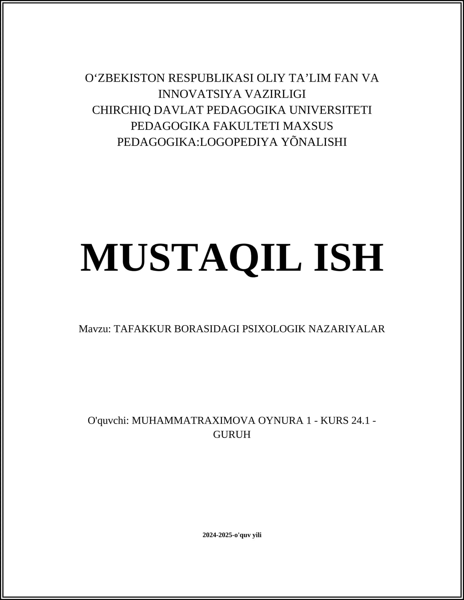 TAFAKKUR BORASIDAGI PSIXOLOGIK NAZARIYALAR
