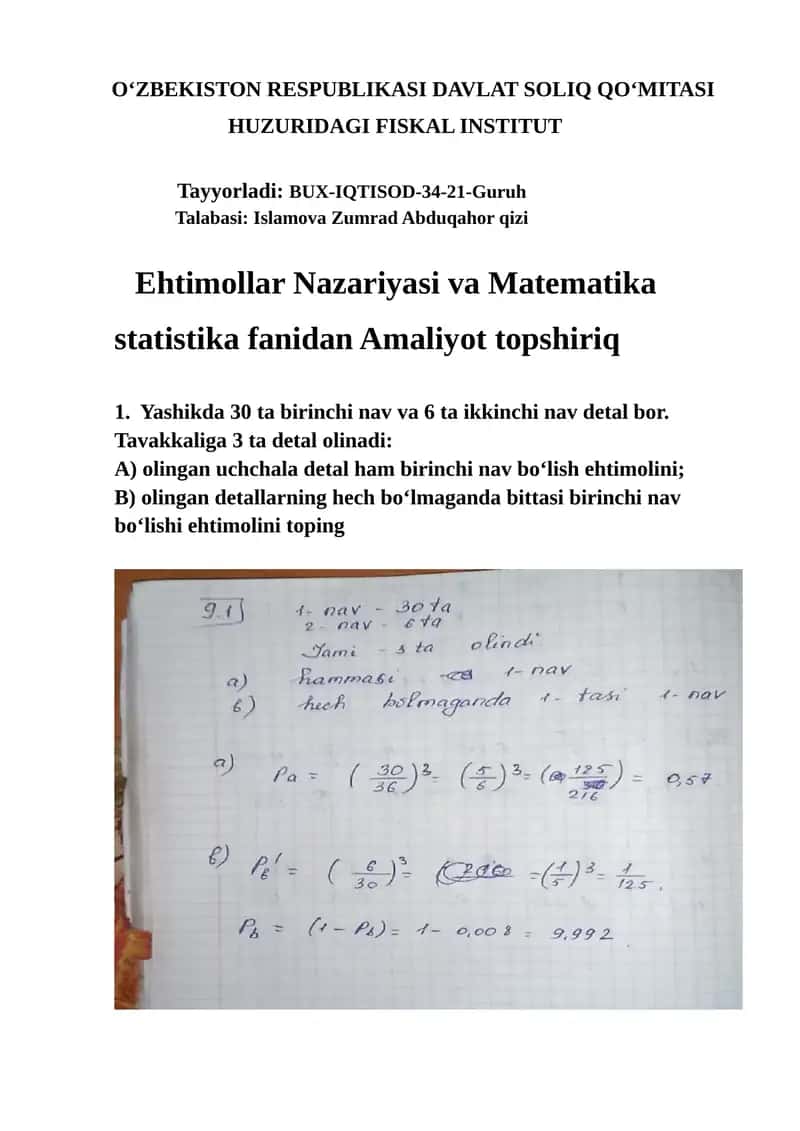 Ehtimollar Nazariyasi va Matematika statistika fanidan Amaliyot topshiriq