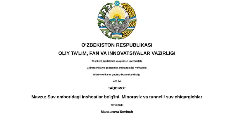 Minorasiz va Tunnel Suv Chiqarish Inshootlarining Tuzilishi va Asosiy Tushunchalari