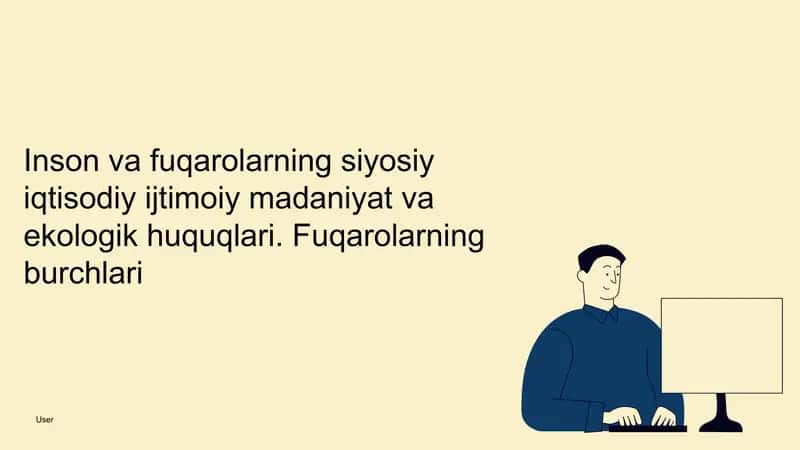Inson va fuqarolarning asosiy huquqlari va ularning ahamiyati Inson va fuqarolarning siyosiy iqtisodiy ijtimoiy madaniyat va ekologik huquqlari. Fuqarolarning burchlari